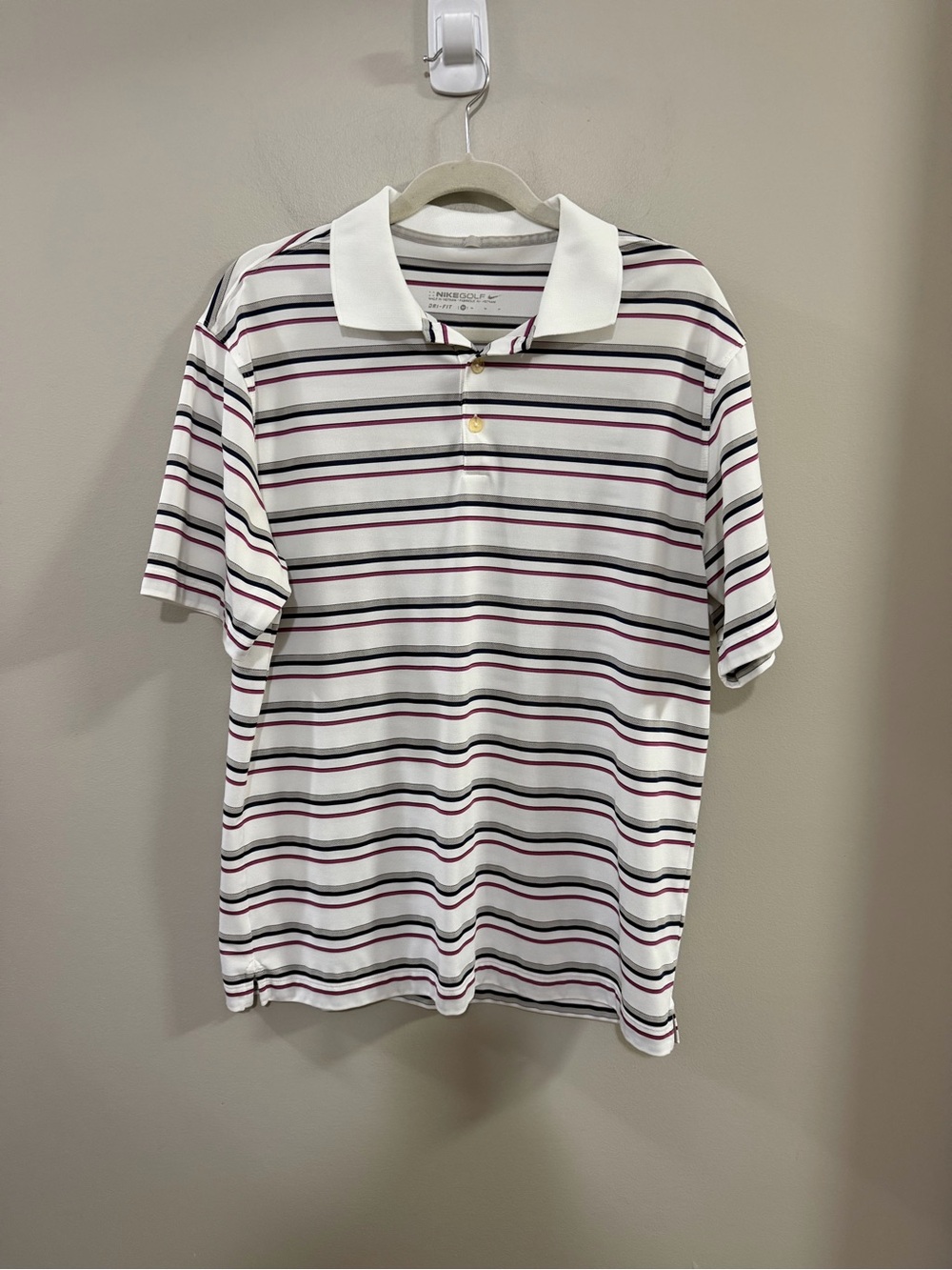 Men's Nike Golf Dri Fit White Polo with Black and Plum Stripes. Size M